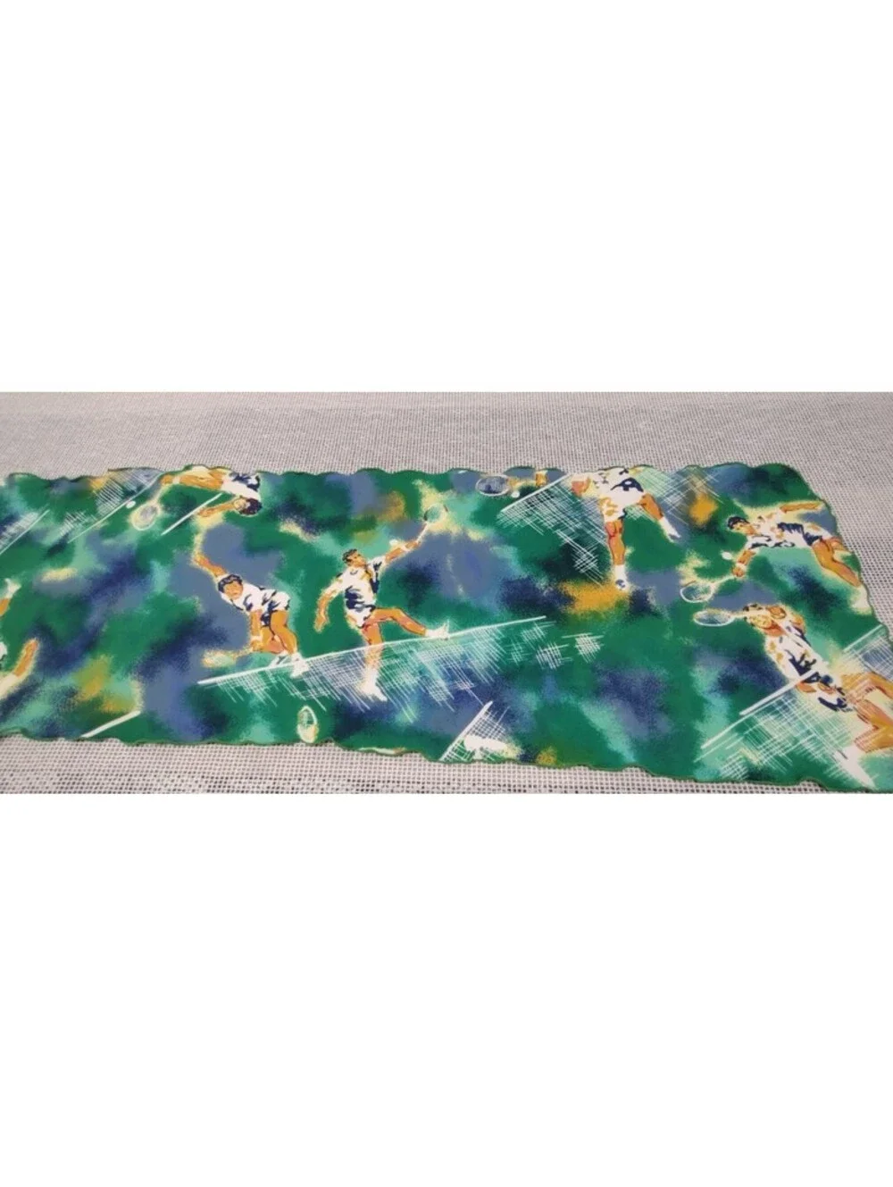 Vintage 60s 70s Oblong Long Scarf TENNIS PLAYERS Green White Blue Lettuce Edge